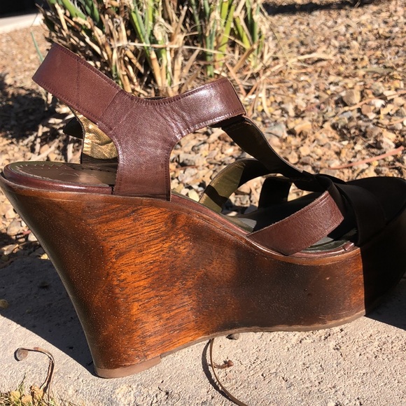 Brown Leather Aldo Wooden Platform Wedge Heeled Sandals!! Size 39 or 8.5 - Picture 5 of 16